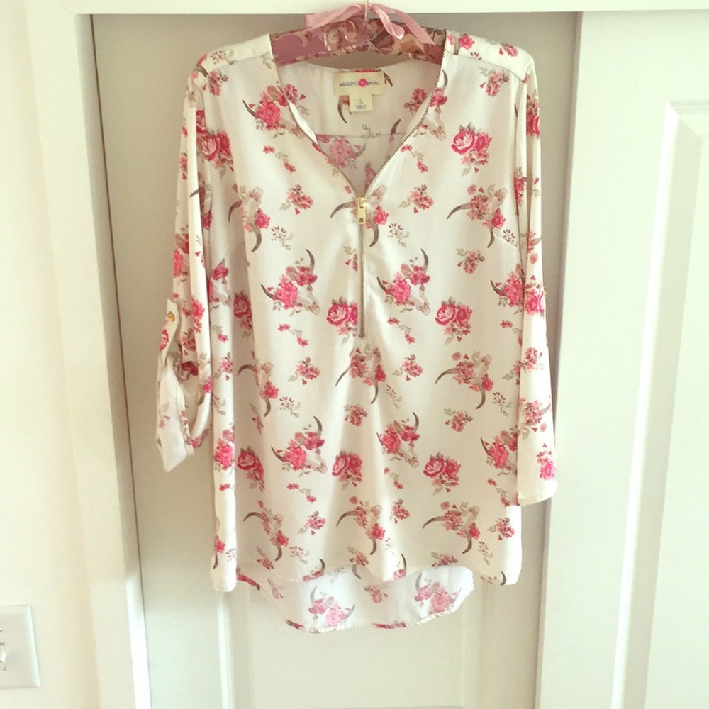 Flower cow horn printed zip up blouse